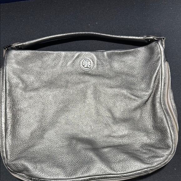 Tory Burch Metallic Gray Pebbled Leather Hobo Shoulder Bag - Picture 1 of 9